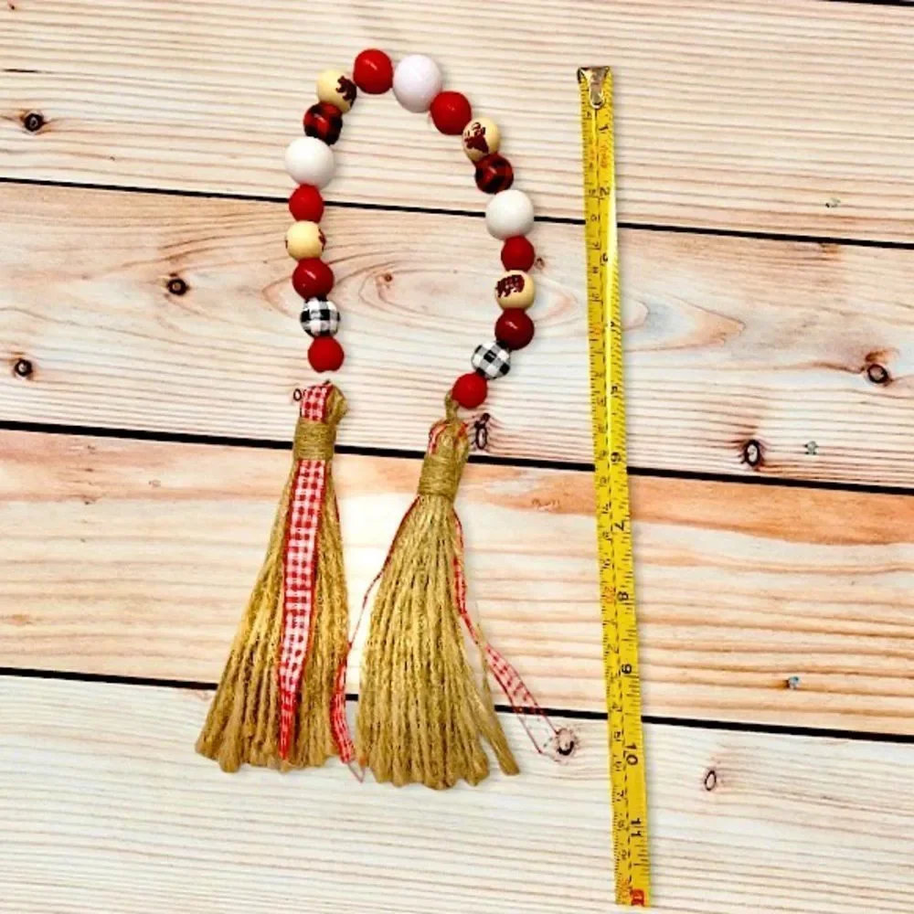 NEW Wood Bead Garland with Plaid Tassels